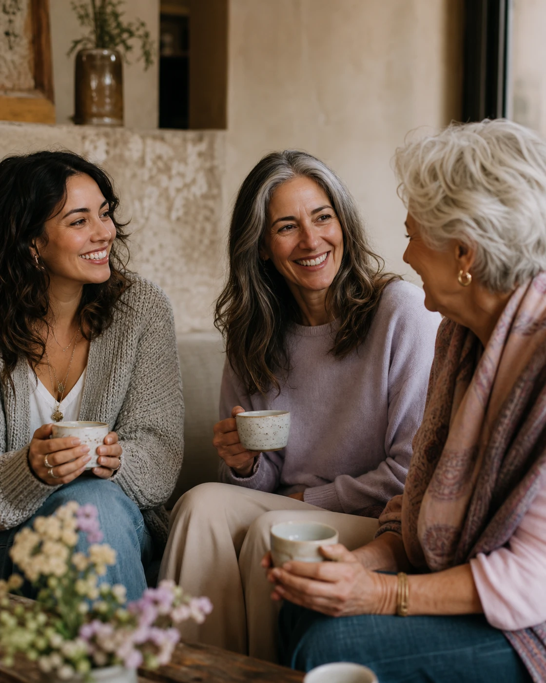 Women of different generations connecting over coffee