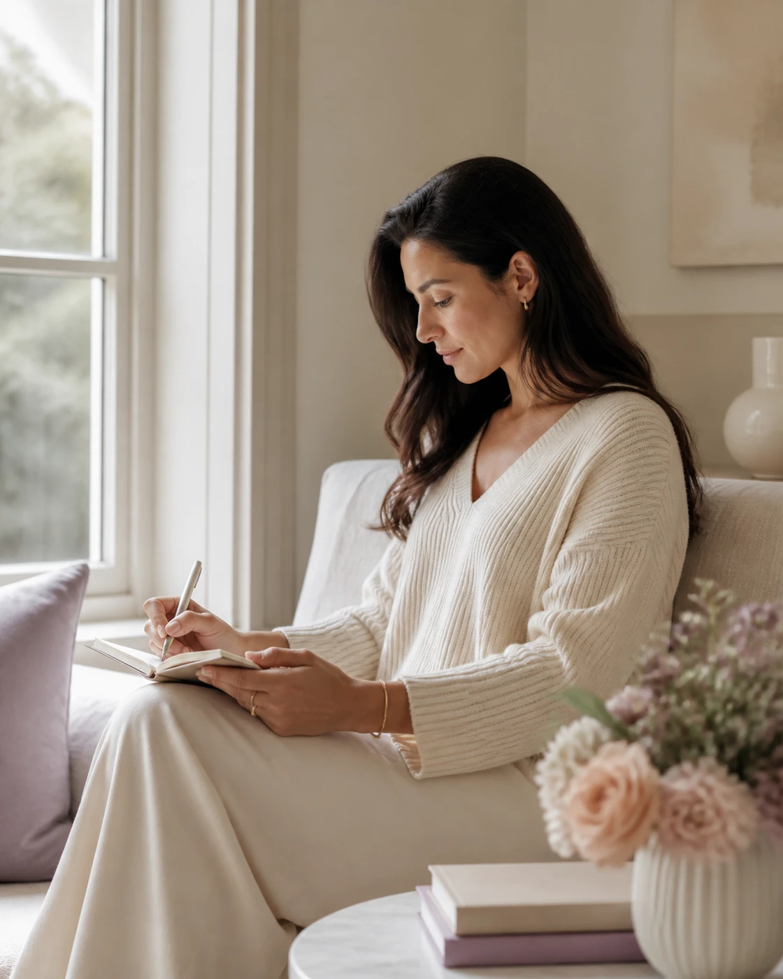 Woman writing thoughtfully in a journal