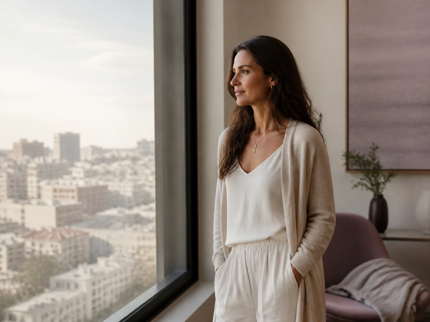 Woman reflecting beside a city window